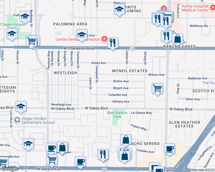 map of restaurants, bars, coffee shops, grocery stores, and more near 3000 Bryant Avenue in Las Vegas