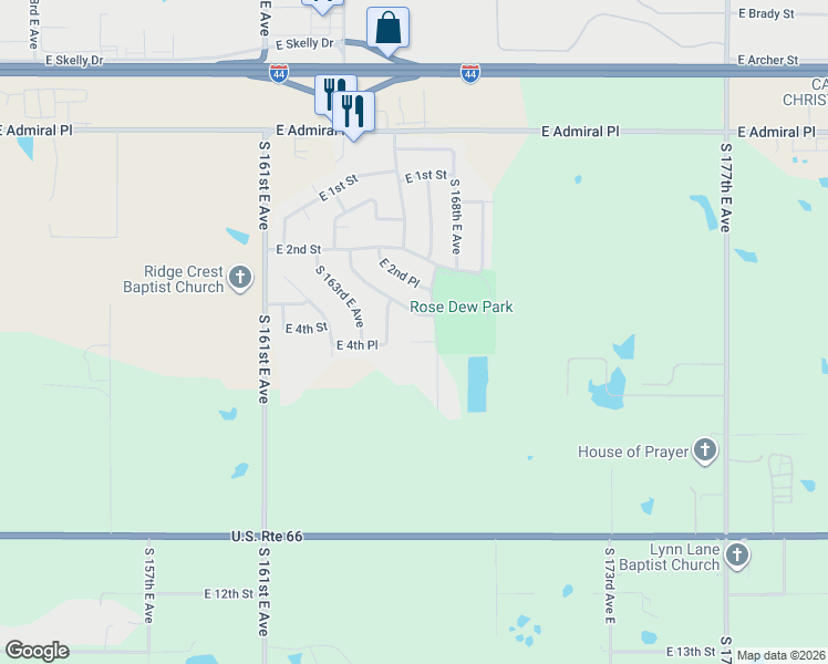 map of restaurants, bars, coffee shops, grocery stores, and more near 16428 East 3rd Street in Tulsa