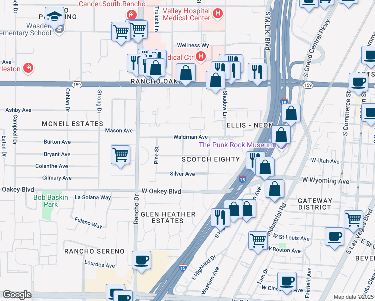 map of restaurants, bars, coffee shops, grocery stores, and more near 1451 Birch Street in Las Vegas