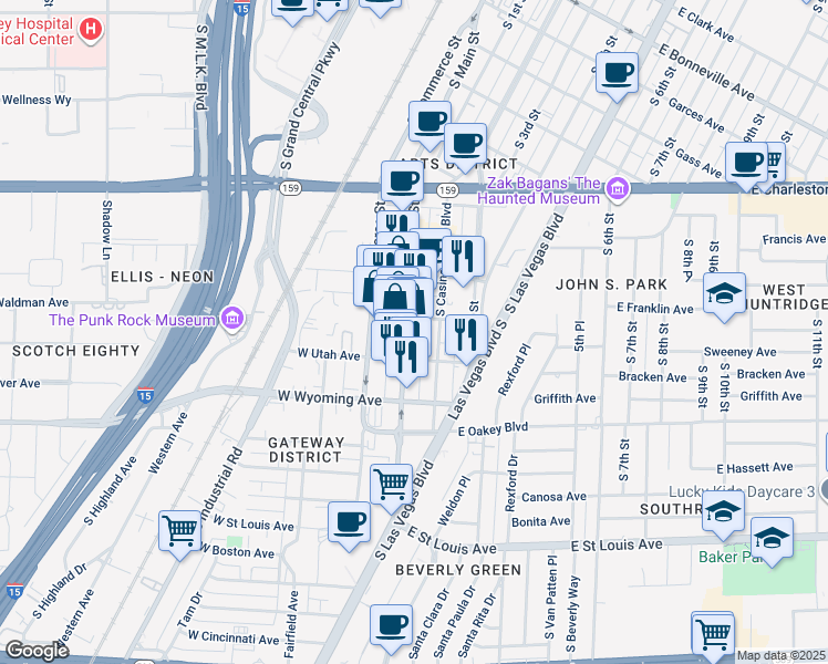 map of restaurants, bars, coffee shops, grocery stores, and more near 1401 South Main Street in Las Vegas