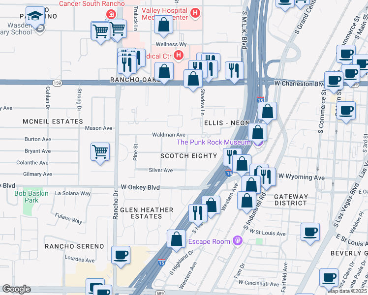 map of restaurants, bars, coffee shops, grocery stores, and more near 1420 Westwood Drive in Las Vegas