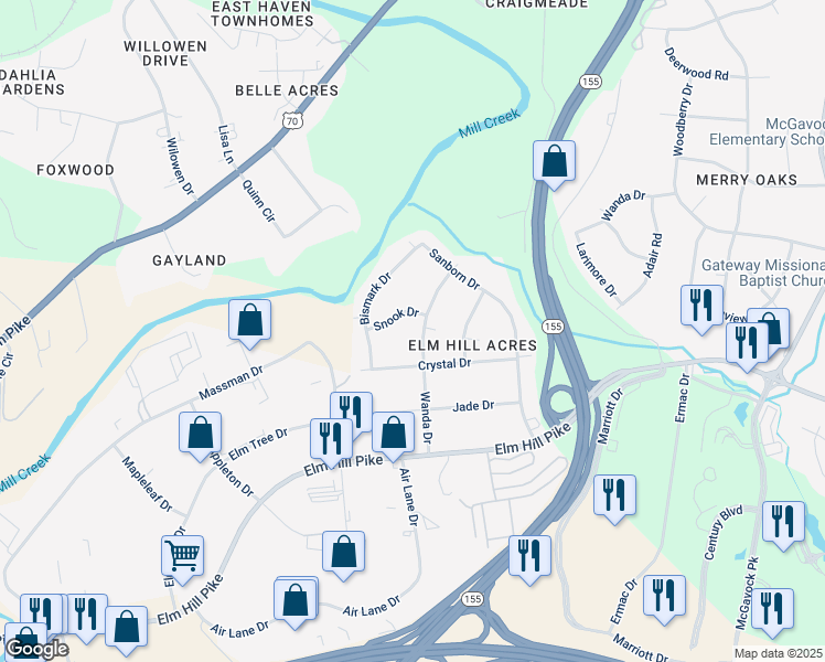 map of restaurants, bars, coffee shops, grocery stores, and more near 514 Wanda Drive in Nashville