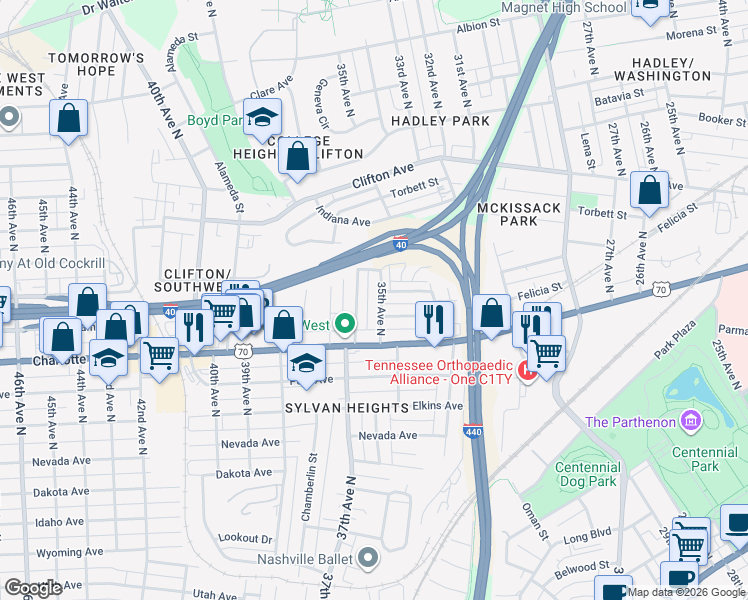 map of restaurants, bars, coffee shops, grocery stores, and more near 502 36th Avenue North in Nashville