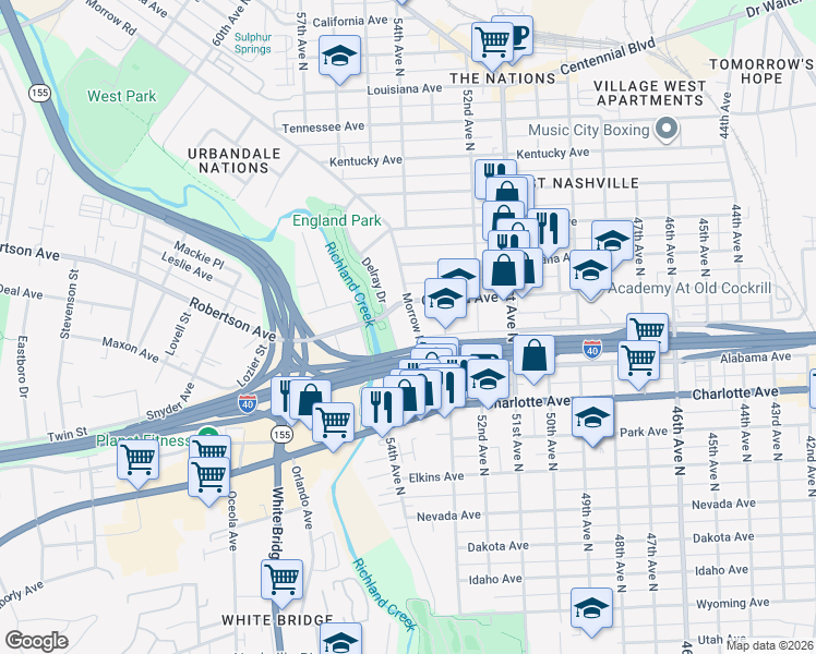 map of restaurants, bars, coffee shops, grocery stores, and more near 607 Morrow Road in Nashville