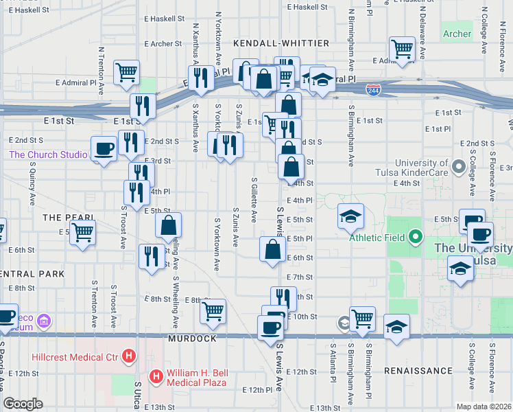 map of restaurants, bars, coffee shops, grocery stores, and more near 2306 East 4th Place in Tulsa