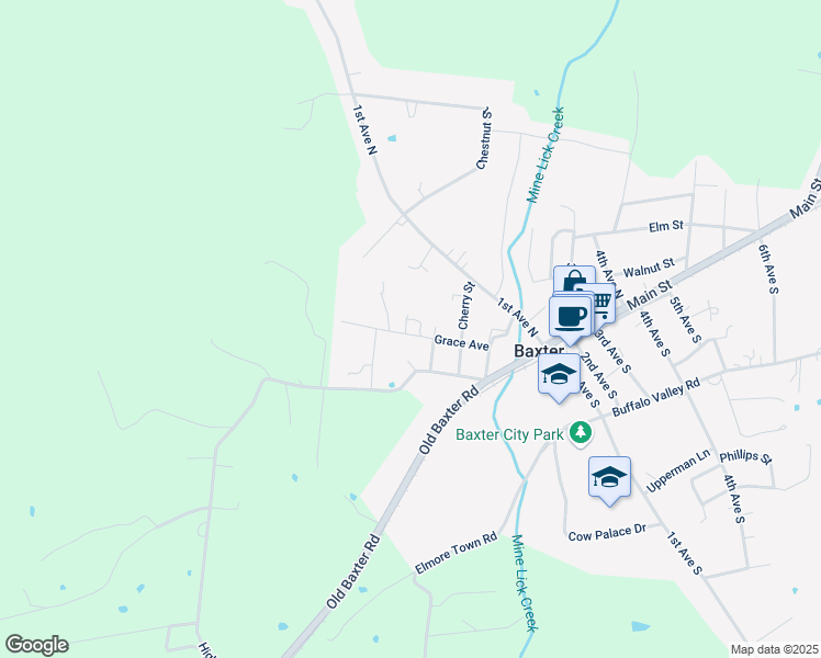 map of restaurants, bars, coffee shops, grocery stores, and more near 419 Grace Avenue in Baxter