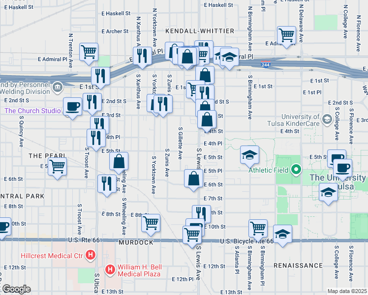 map of restaurants, bars, coffee shops, grocery stores, and more near 2306 E 4th Pl in Tulsa