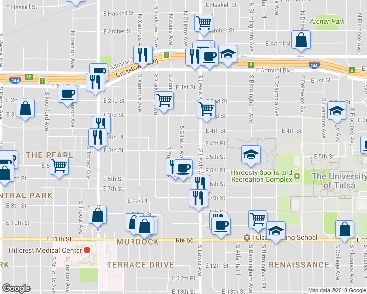 map of restaurants, bars, coffee shops, grocery stores, and more near 2304 East 4th Place in Tulsa