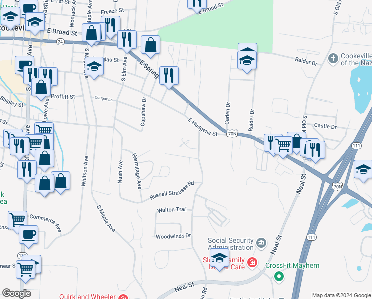 map of restaurants, bars, coffee shops, grocery stores, and more near 1208 Pleasant View Drive in Cookeville