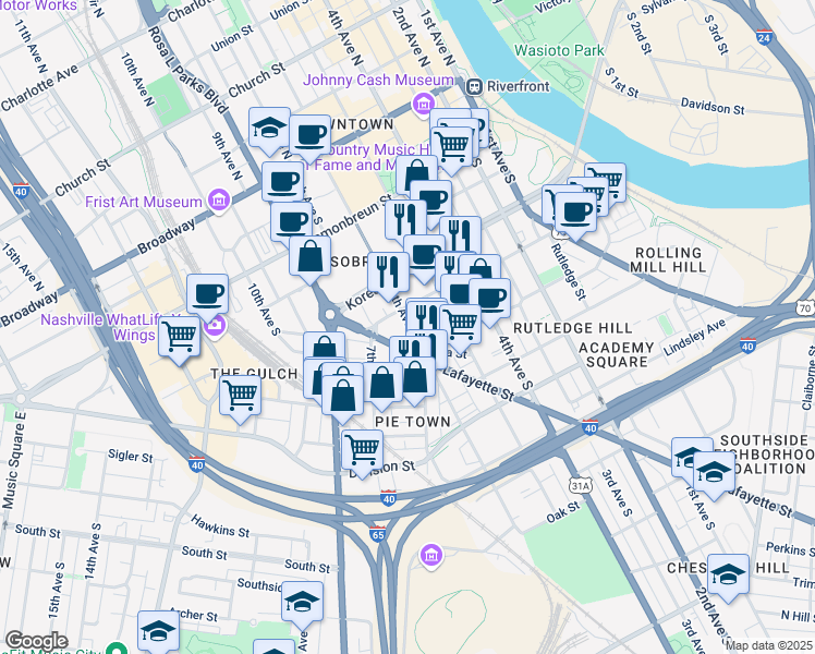 map of restaurants, bars, coffee shops, grocery stores, and more near 505 6th Avenue South in Nashville