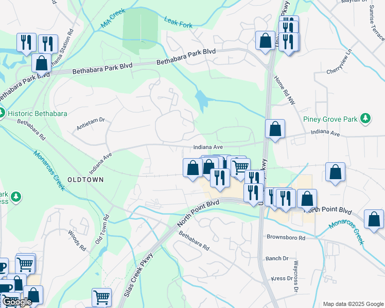 map of restaurants, bars, coffee shops, grocery stores, and more near 5150 Indiana Avenue in Winston-Salem