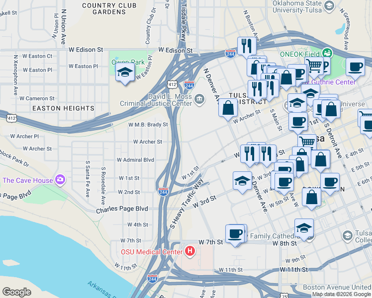 map of restaurants, bars, coffee shops, grocery stores, and more near 21 North Lawton Avenue in Tulsa