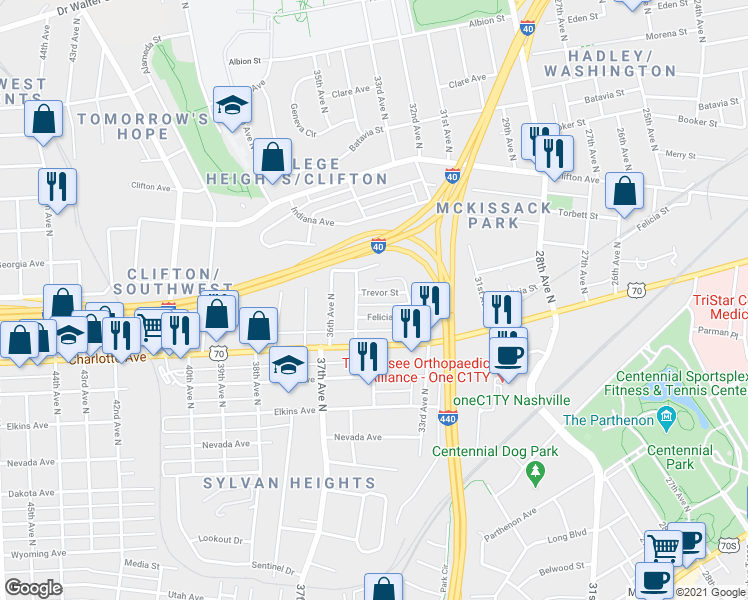 map of restaurants, bars, coffee shops, grocery stores, and more near 3316 Trevor Street in Nashville