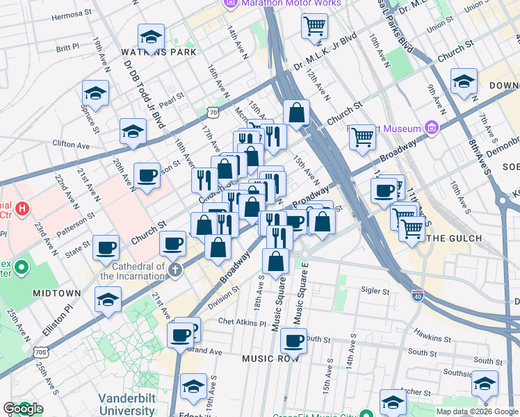 map of restaurants, bars, coffee shops, grocery stores, and more near 1600 West End Avenue in Nashville