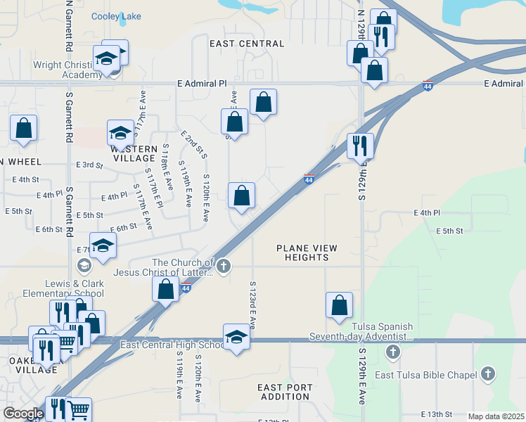 map of restaurants, bars, coffee shops, grocery stores, and more near 12316 East Skelly Drive in Tulsa