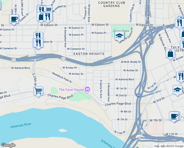 map of restaurants, bars, coffee shops, grocery stores, and more near 24 North Tacoma Avenue in Tulsa