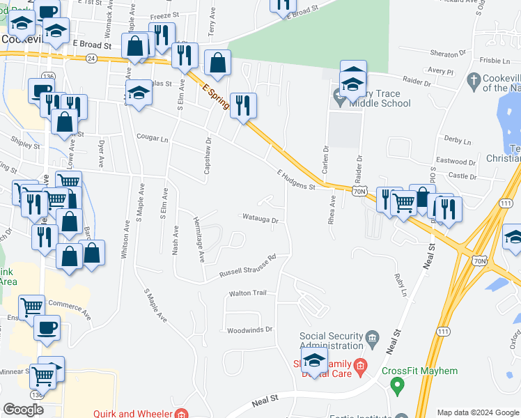 map of restaurants, bars, coffee shops, grocery stores, and more near 1228 Pleasant View Drive in Cookeville