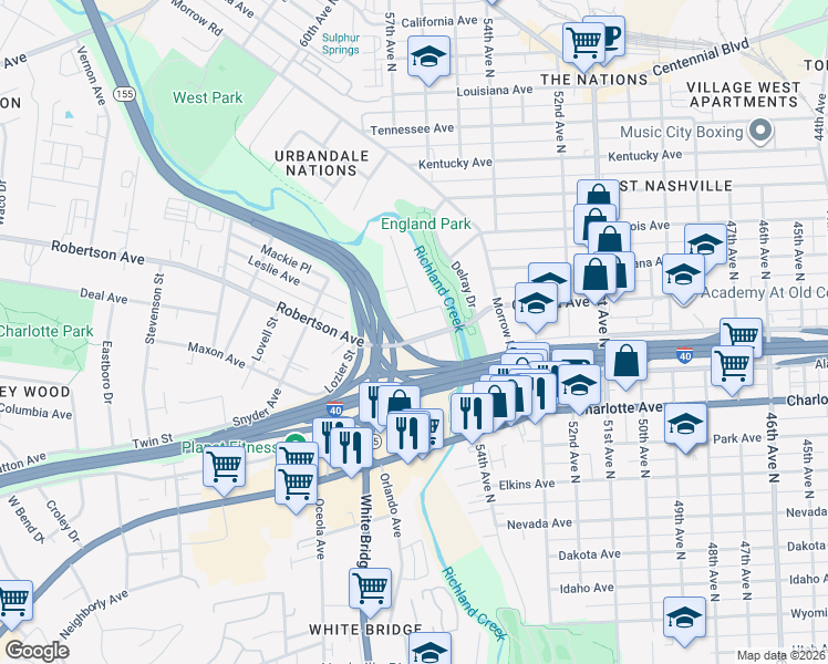 map of restaurants, bars, coffee shops, grocery stores, and more near 5514A Urbandale Avenue in Nashville