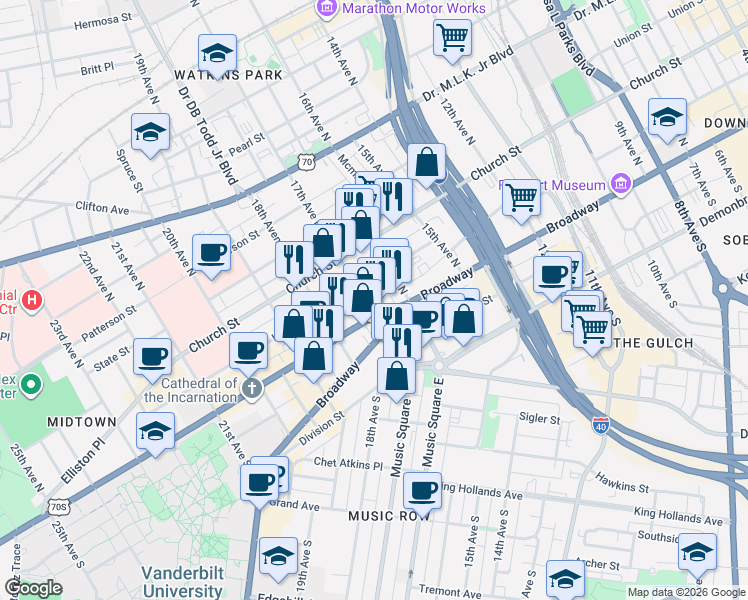 map of restaurants, bars, coffee shops, grocery stores, and more near 1600 West End Avenue in Nashville