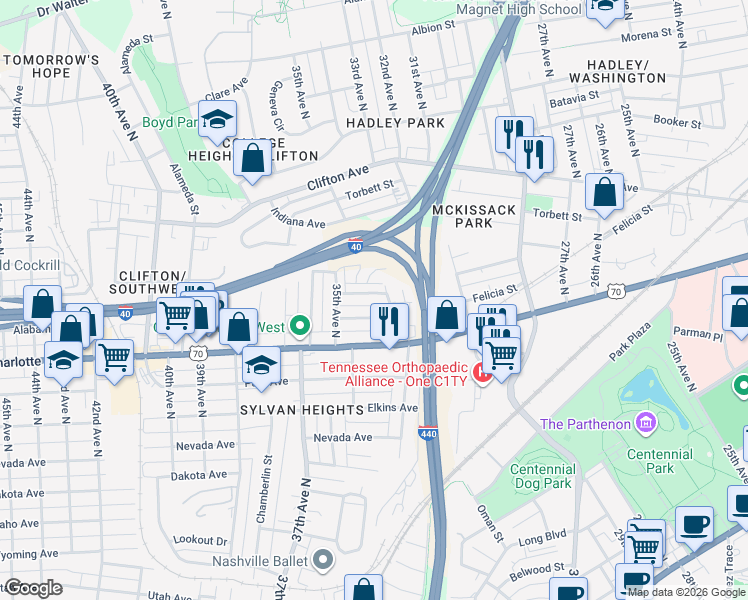 map of restaurants, bars, coffee shops, grocery stores, and more near 3224 Trevor Street in Nashville