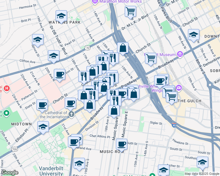 map of restaurants, bars, coffee shops, grocery stores, and more near 1600 West End Avenue in Nashville