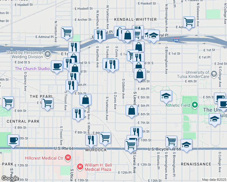 map of restaurants, bars, coffee shops, grocery stores, and more near 364 South Zunis Avenue in Tulsa
