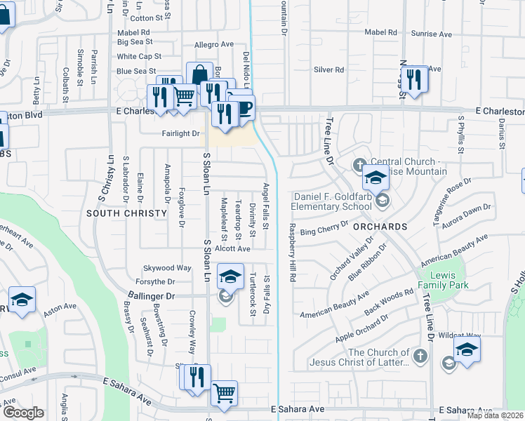 map of restaurants, bars, coffee shops, grocery stores, and more near 1555 Angel Falls Street in Las Vegas