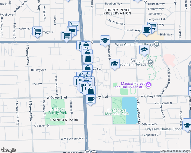 map of restaurants, bars, coffee shops, grocery stores, and more near 1410 Santa Margarita Street in Las Vegas