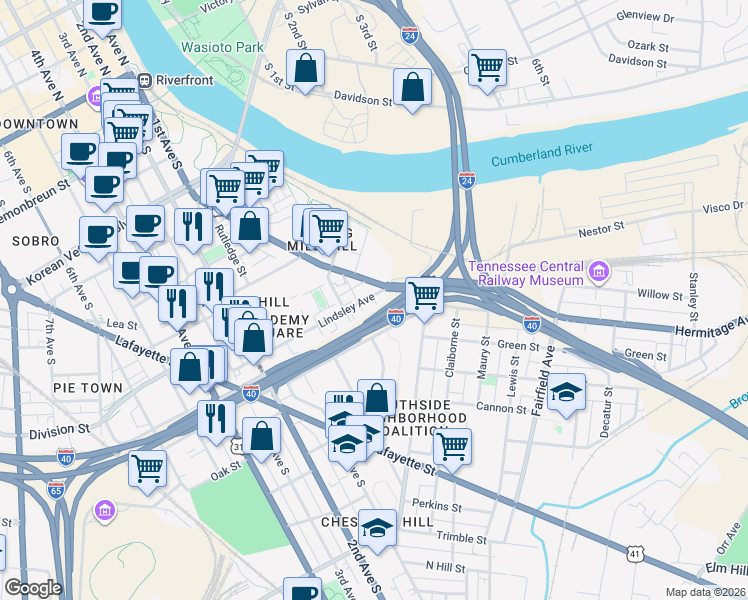 map of restaurants, bars, coffee shops, grocery stores, and more near 52 Lindsley Avenue in Nashville