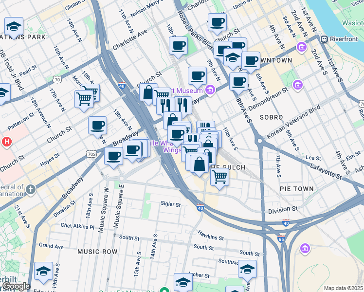 map of restaurants, bars, coffee shops, grocery stores, and more near 1201 Demonbreun Street in Nashville