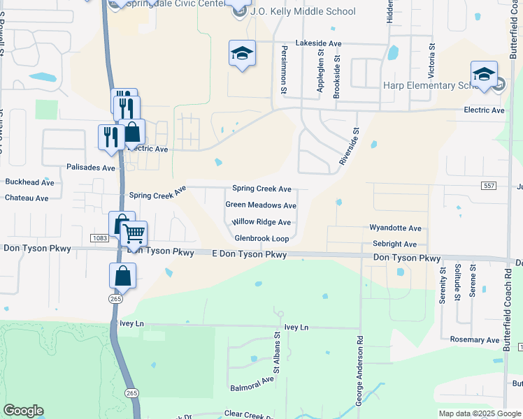 map of restaurants, bars, coffee shops, grocery stores, and more near 1961 Green Meadows Ave in Springdale