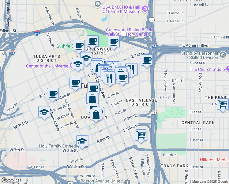 map of restaurants, bars, coffee shops, grocery stores, and more near 423 East 4th Street in Tulsa