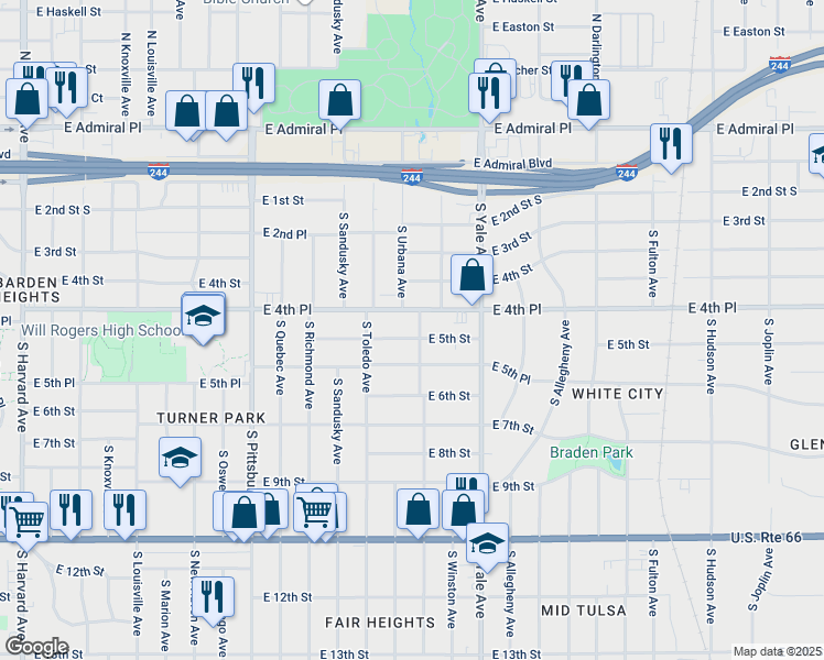 map of restaurants, bars, coffee shops, grocery stores, and more near 4543 East 5th Street in Tulsa