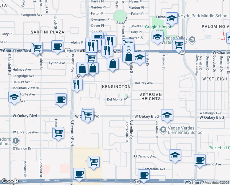 map of restaurants, bars, coffee shops, grocery stores, and more near 1501 Banner Circle in Las Vegas