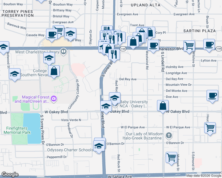 map of restaurants, bars, coffee shops, grocery stores, and more near 1575 Red Rock Street in Las Vegas