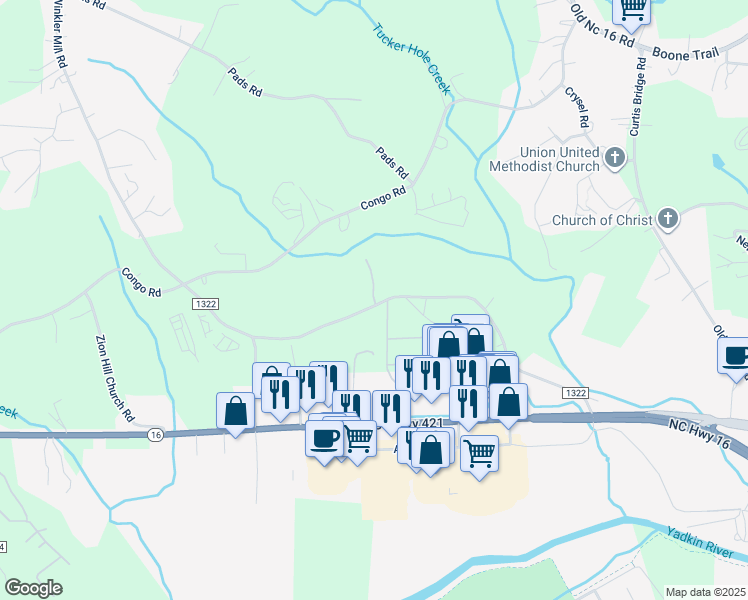 map of restaurants, bars, coffee shops, grocery stores, and more near 121 Walden Point Drive in Wilkesboro
