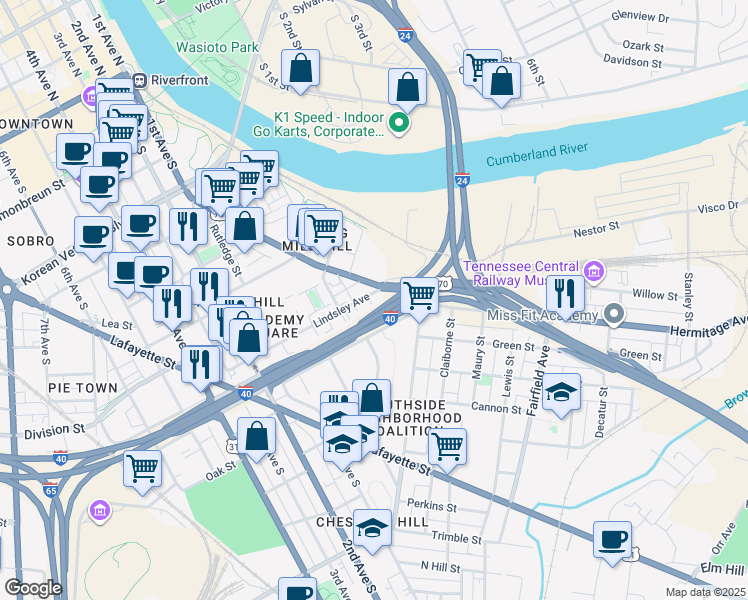 map of restaurants, bars, coffee shops, grocery stores, and more near 4 Berrien Street in Nashville
