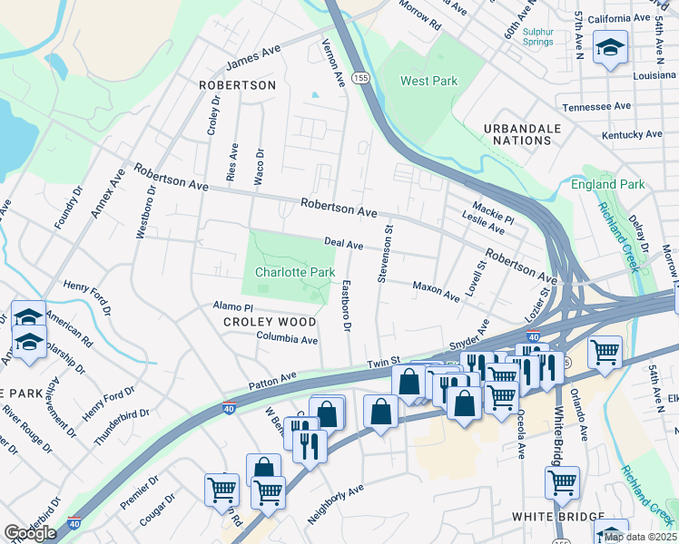 map of restaurants, bars, coffee shops, grocery stores, and more near 615 Eastboro Drive in Nashville