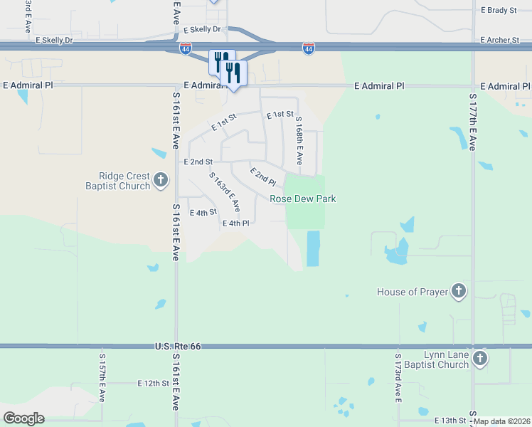 map of restaurants, bars, coffee shops, grocery stores, and more near 16428 East 3rd Street in Tulsa