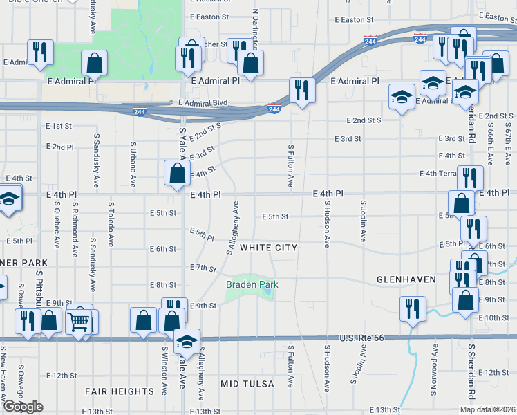 map of restaurants, bars, coffee shops, grocery stores, and more near 473 South Darlington Avenue in Tulsa