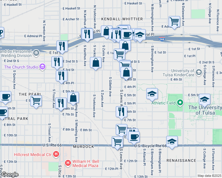 map of restaurants, bars, coffee shops, grocery stores, and more near 2306 East 4th Place in Tulsa