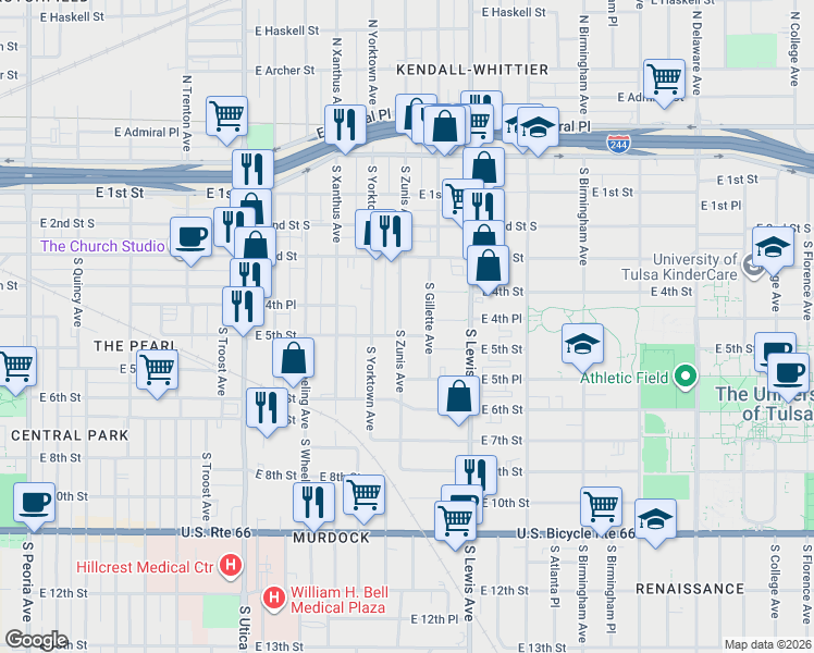 map of restaurants, bars, coffee shops, grocery stores, and more near 364 South Zunis Avenue in Tulsa