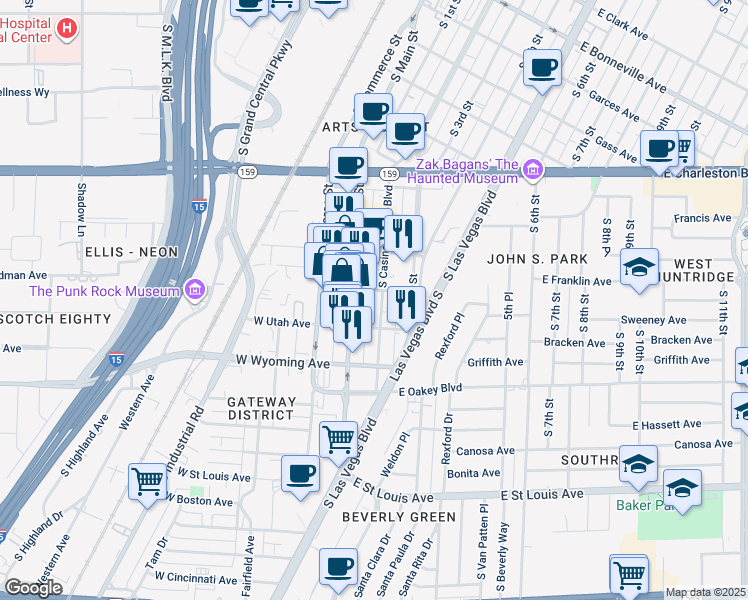 map of restaurants, bars, coffee shops, grocery stores, and more near 1400 South Casino Center Boulevard in Las Vegas