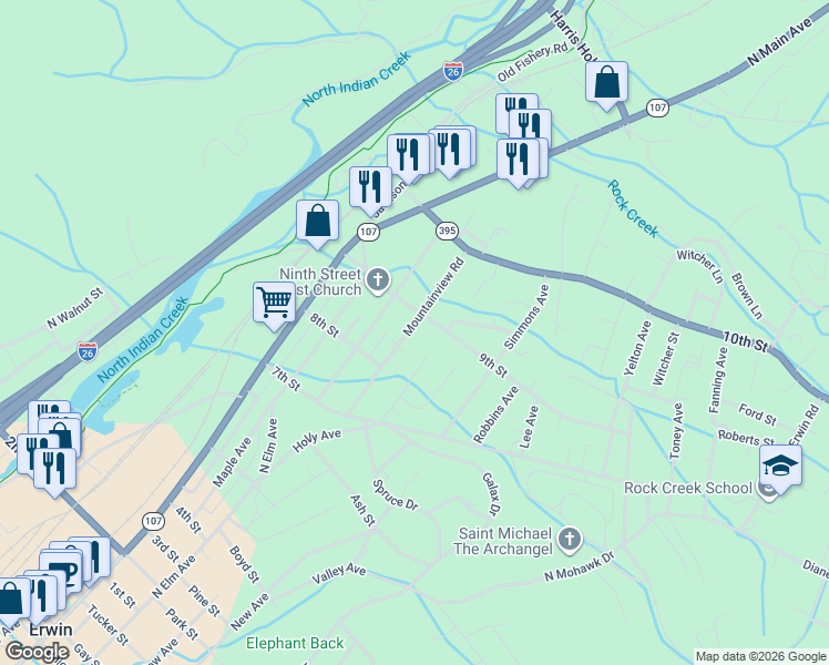 map of restaurants, bars, coffee shops, grocery stores, and more near 1012 Mountainview Road in Erwin