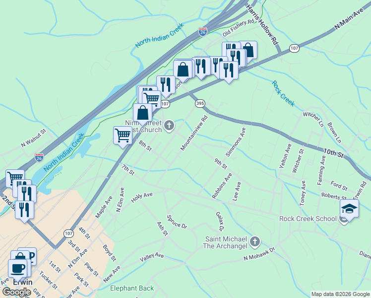 map of restaurants, bars, coffee shops, grocery stores, and more near 1012 Mountainview Road in Erwin