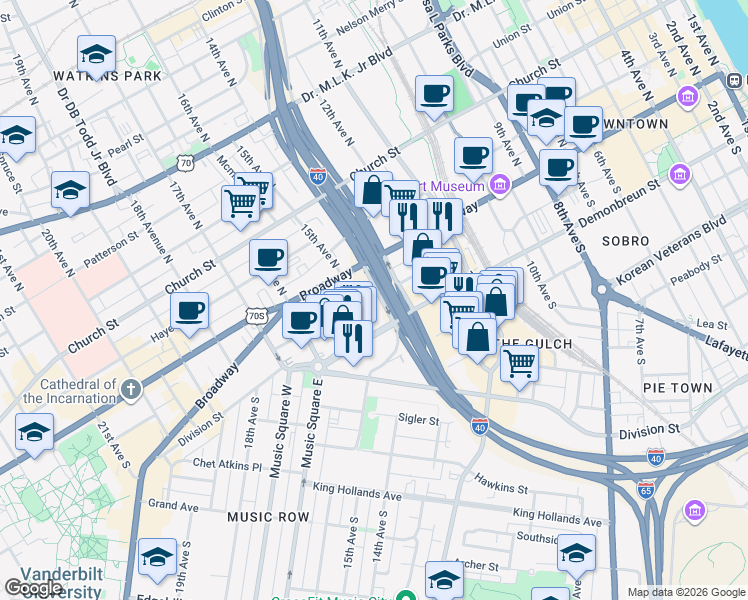 map of restaurants, bars, coffee shops, grocery stores, and more near 1501 McGavock Street in Nashville