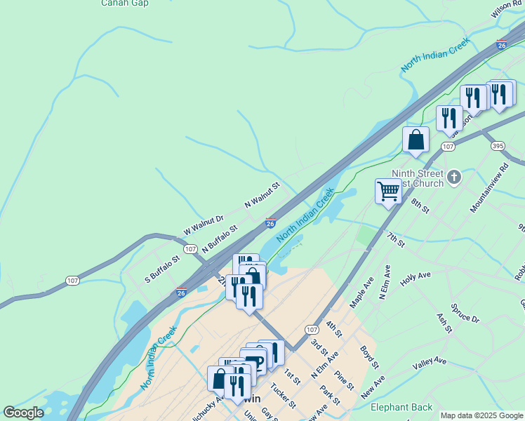 map of restaurants, bars, coffee shops, grocery stores, and more near 1113 Valley Dr in Erwin