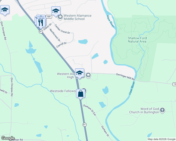 map of restaurants, bars, coffee shops, grocery stores, and more near 2231 Gerringer Mill Road in Elon