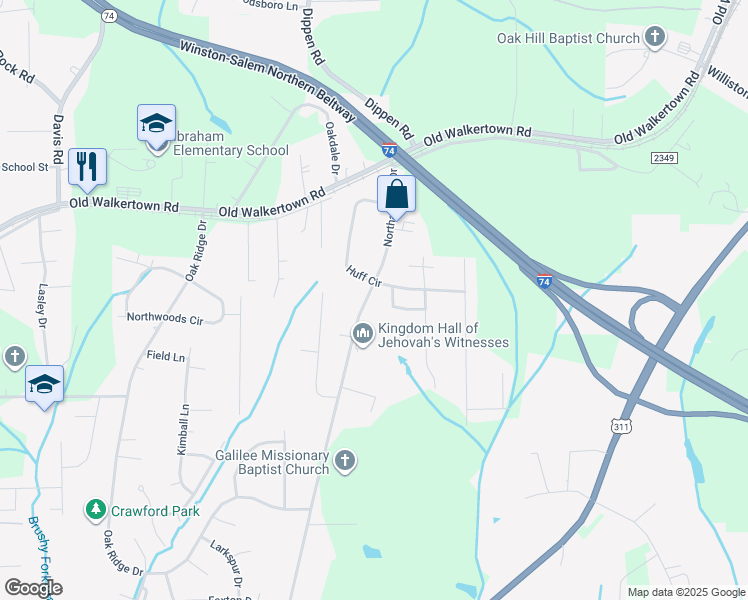 map of restaurants, bars, coffee shops, grocery stores, and more near 4351 Northampton Drive in Winston-Salem