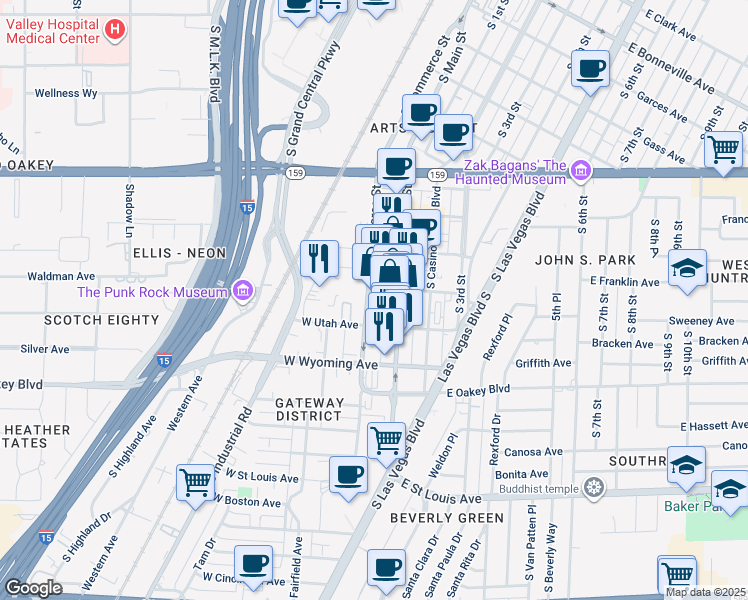 map of restaurants, bars, coffee shops, grocery stores, and more near 1415 South Commerce Street in Las Vegas